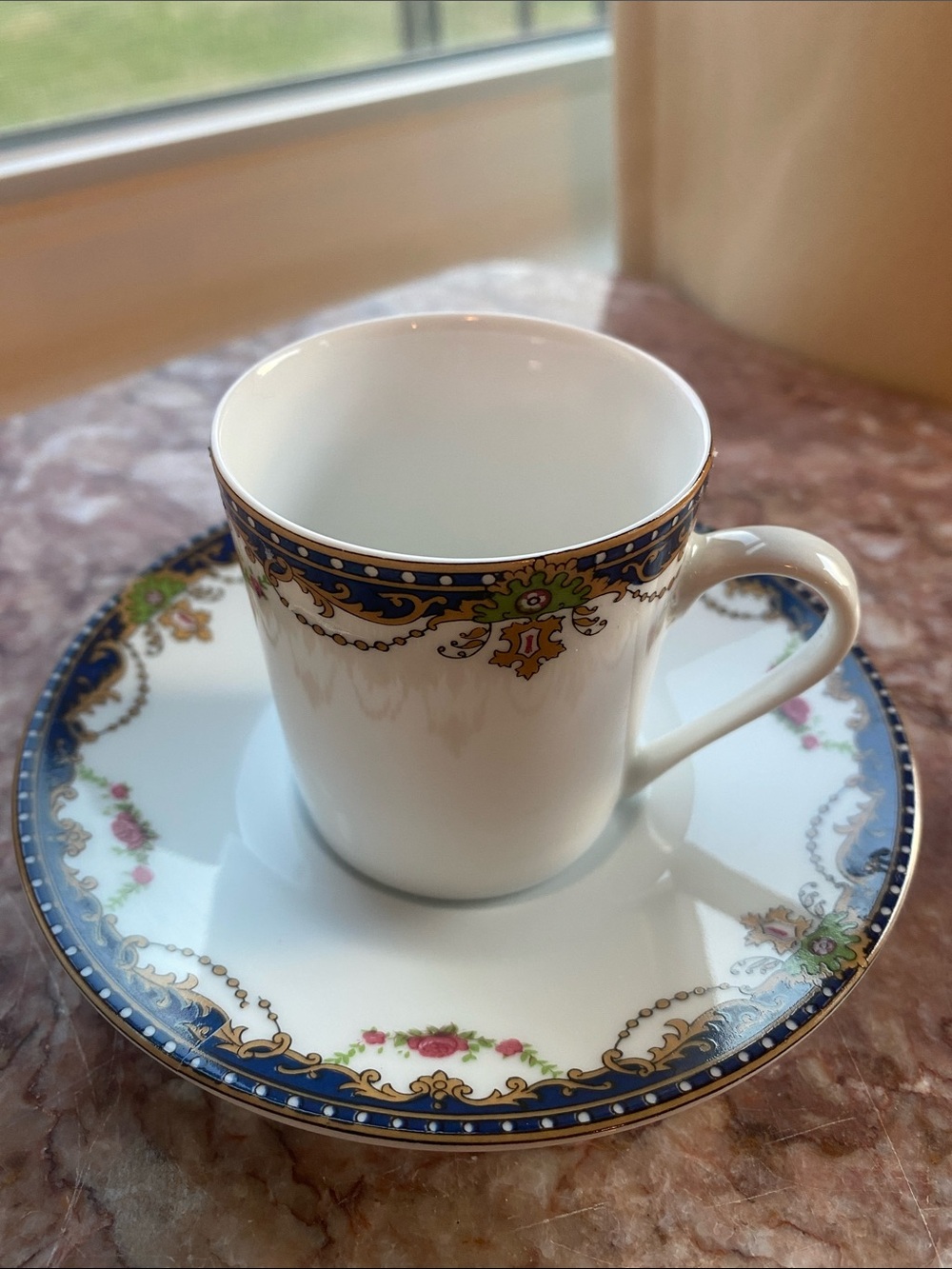 Vintage Limoges/France Demitasse Cup/Saucer Blue Gold Guilt Floral Porcelain Set